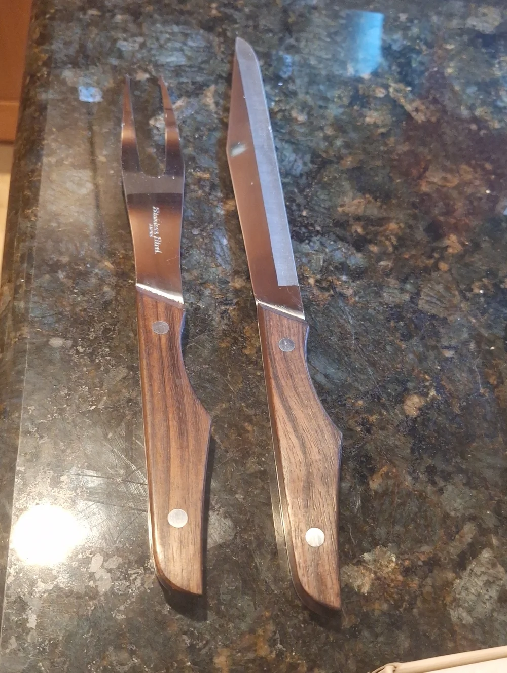 Carving Set Carving Knife & Fork - Silver Rose Pattern And Wood Made In Japan